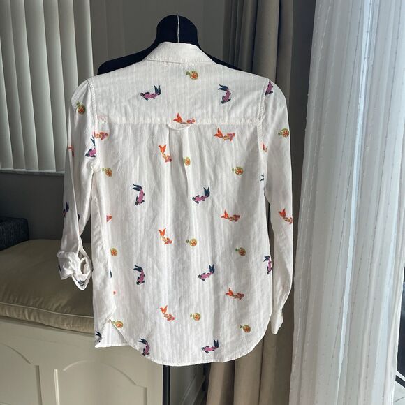 Anthropologie Maeve Embroidered Koi Fish White Button Down Rolltab Sleeves 4 - Picture 5 of 11